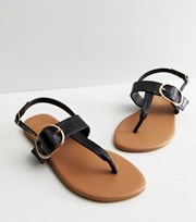 New Look Wide Fit Black Leather-Look Buckle Toe Post Sandals